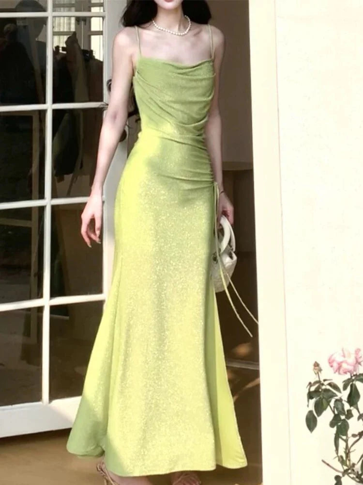 TingPo Wholesale Modest Sheath Spaghetti Straps Green Long Prom Dresses Evening Dress With Ruffles